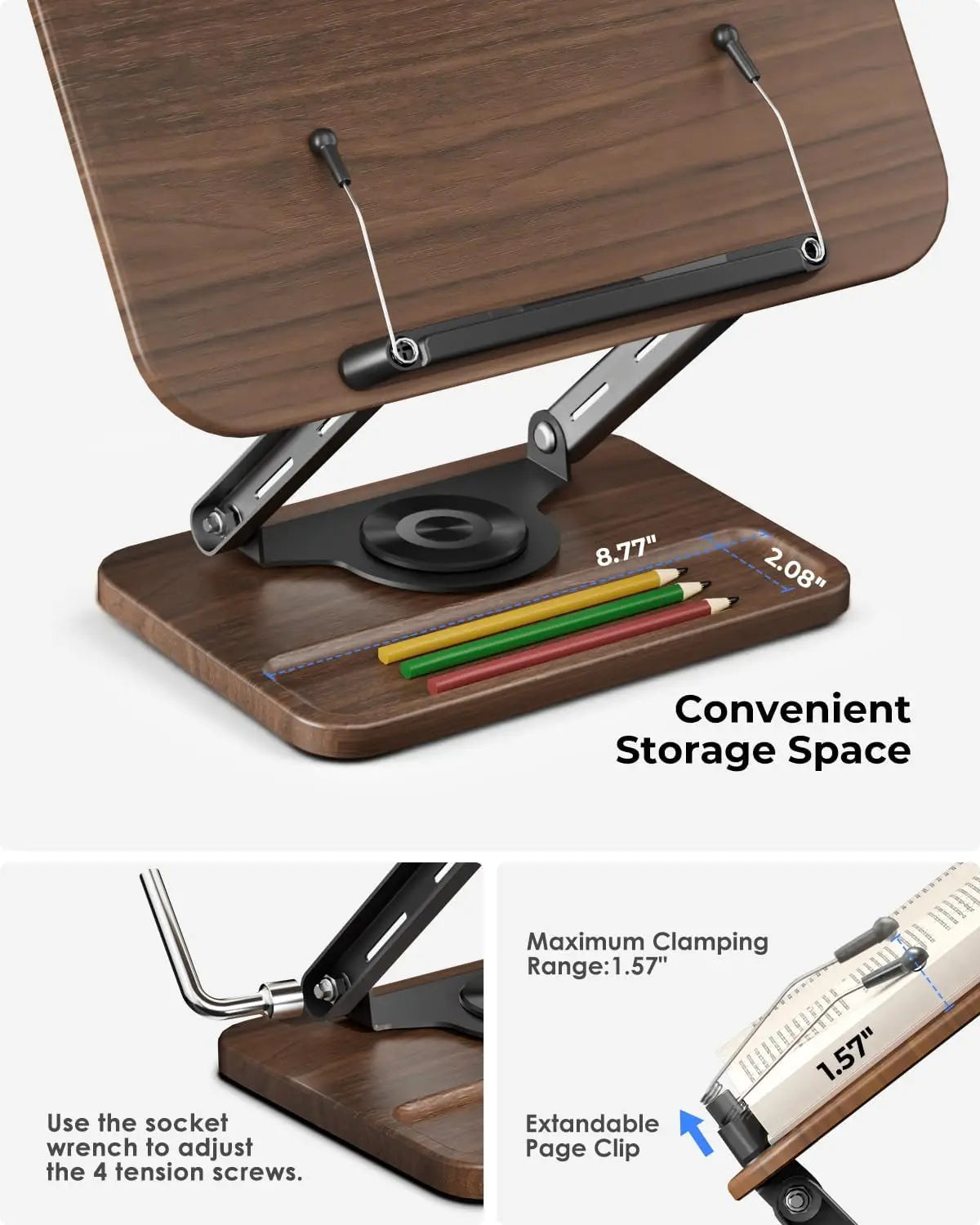 Book Stand for Reading, 360° Rotating Base with Pen Slot, Foldable Holder with Elastic Page Clips for Cookbook, Textbook, Tablet