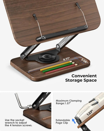Book Stand for Reading, 360° Rotating Base with Pen Slot, Foldable Holder with Elastic Page Clips for Cookbook, Textbook, Tablet