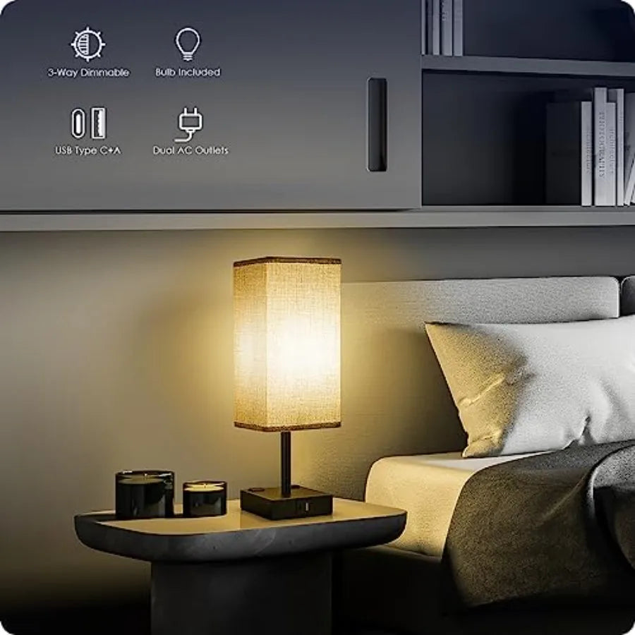 Set of 2 Touch Bedside Table Lamps with USB-C, USB-A & AC Outlets – 3-Way Dimmable Nightstand Lamps for Bedroom