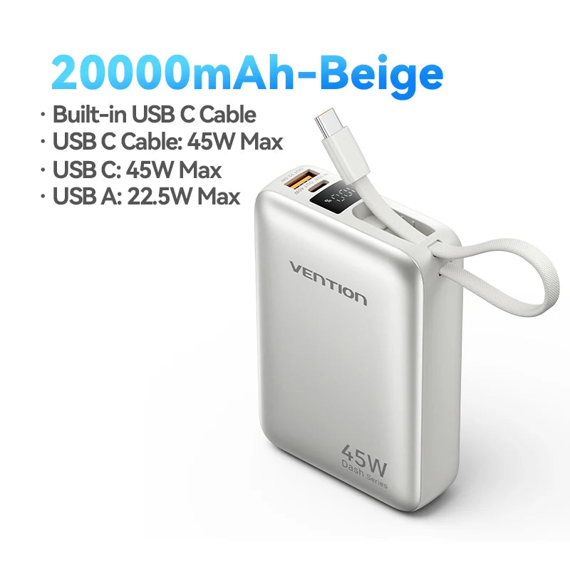 Vention 45W Power Bank – 20000mAh Portable Fast Charger with USB-C Cable for iPhone, Samsung & Xiaomi
