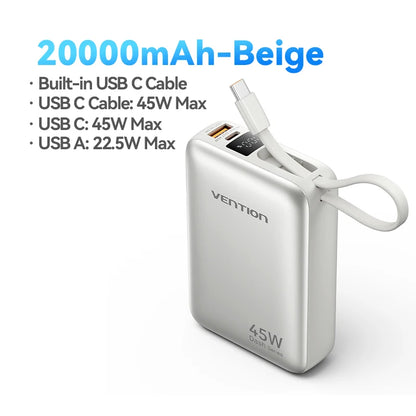 Vention 45W Power Bank – 20000mAh Portable Fast Charger with USB-C Cable for iPhone, Samsung & Xiaomi