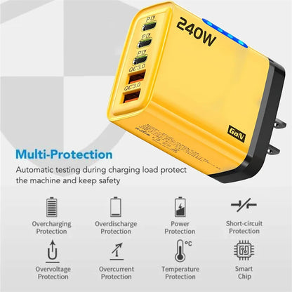 240W GaN USB-C Fast Charger – 5-in-1 Multi-Port Wall Charger for iPhone, Samsung, Xiaomi, Laptop & Tablet