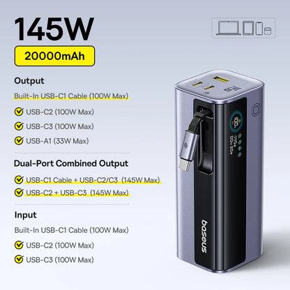 Baseus 145W Portable Power Bank – 20800mAh Fast Charger with Free Shipping