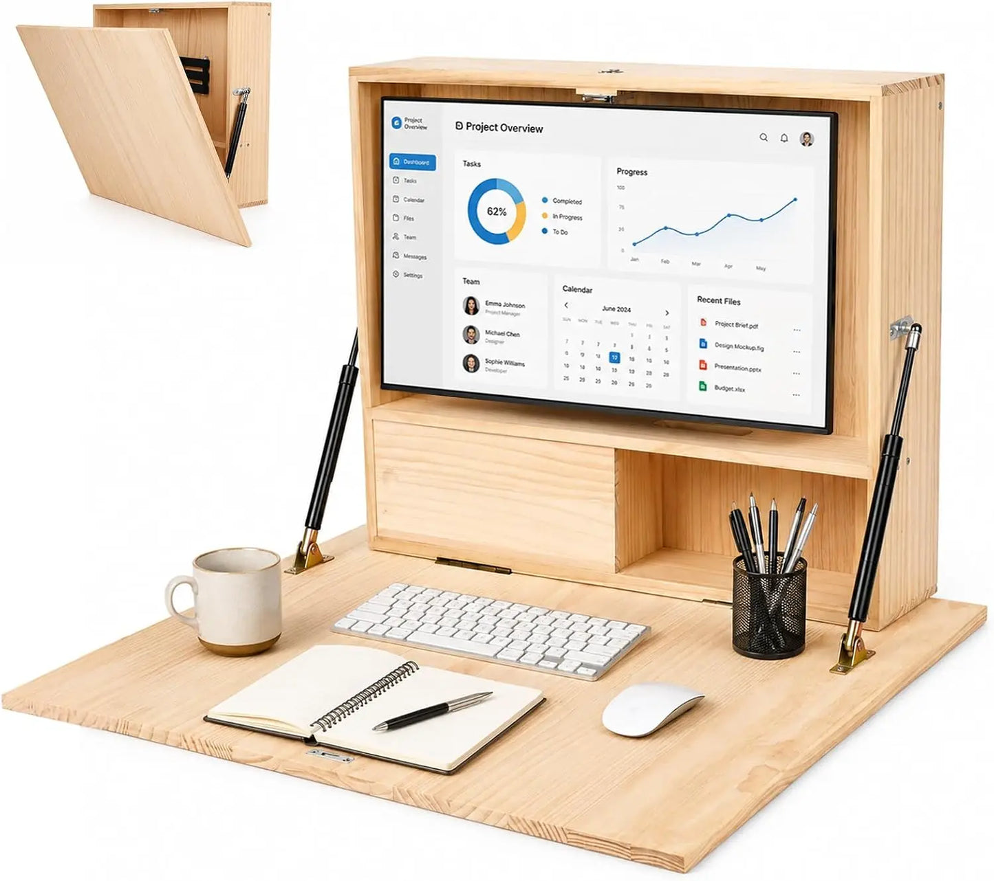 Wall Mounted Folding Desk with Storage & Monitor Mount