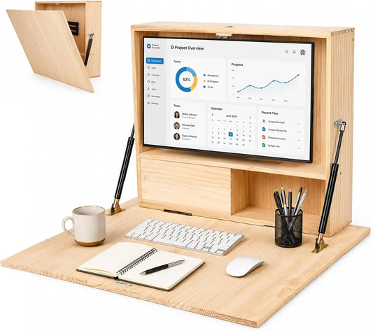 Wall Mounted Folding Desk with Storage & Monitor Mount