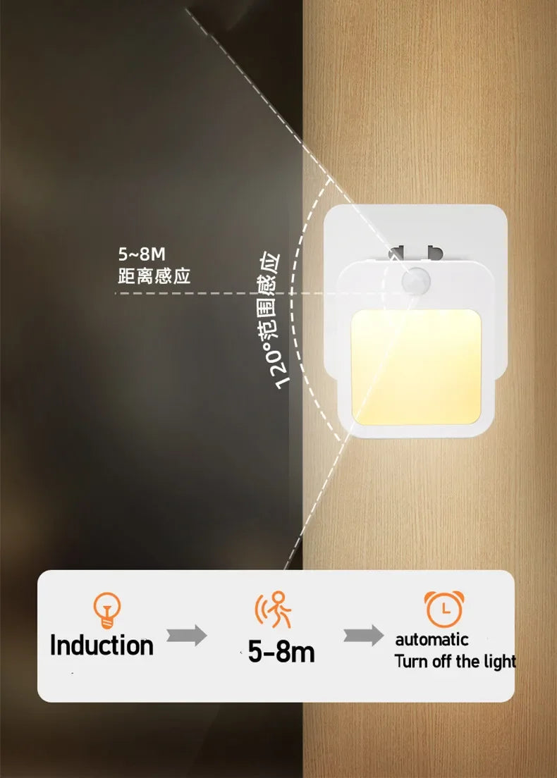 Plug-in LED Night Light with Motion Sensor – Adjustable Brightness Wall Lamp for Bedroom, Hallway & Bathroom