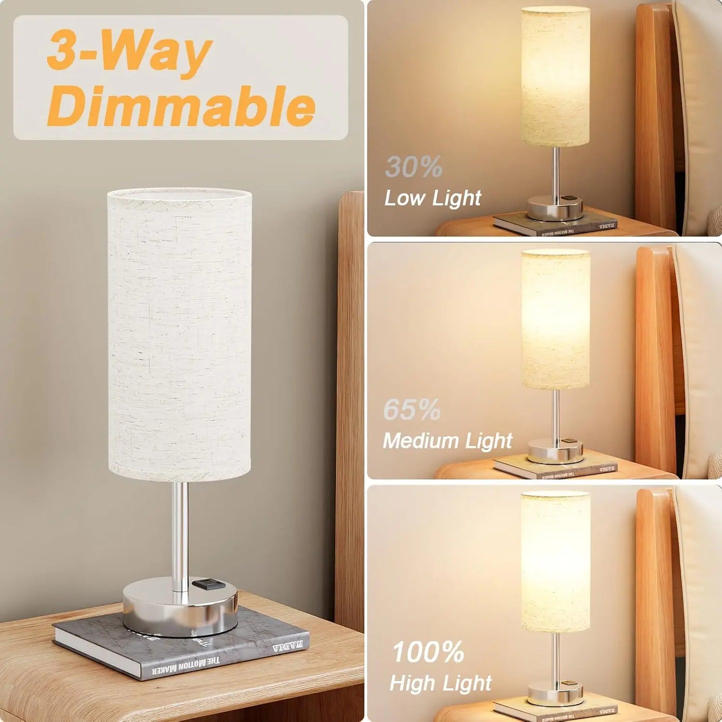 Touch Table Lamp with USB-C & USB-A Charging Ports – 3-Way Dimmable Bedside Lamp for Bedroom, Office & Dorm