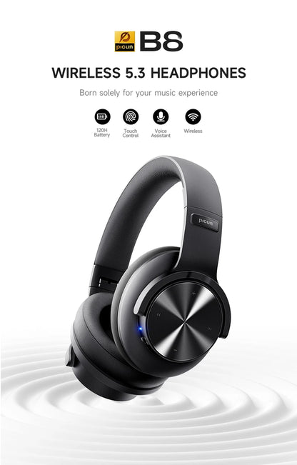 Picun B8 Bluetooth Headphones – 120H Playtime Wireless Over-Ear Headset with Low Latency & Hands-Free Calls