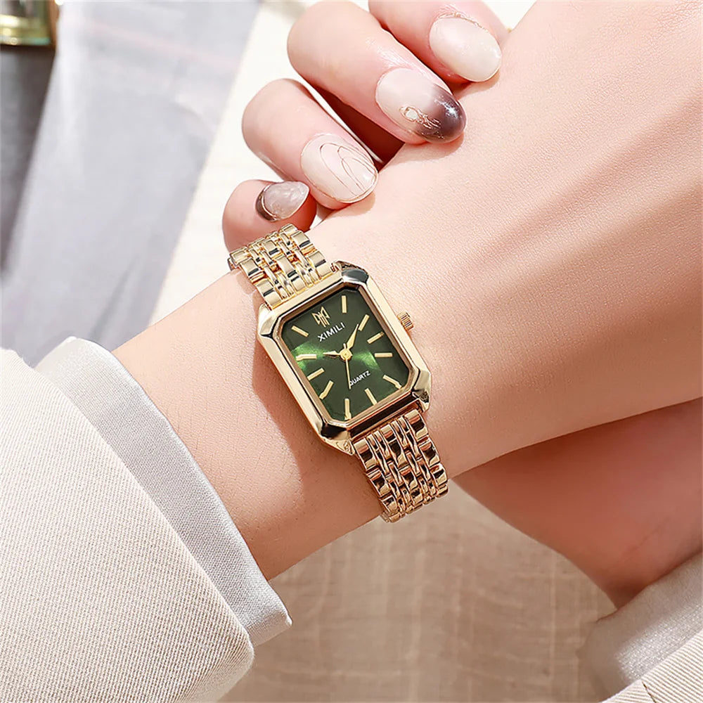 Luxury Women’s Quartz Watch – Gold Square Stainless Steel Fashion Watch with Free Shipping