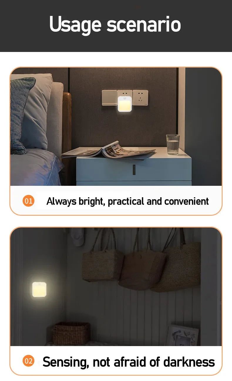 Plug-in LED Night Light with Motion Sensor – Adjustable Brightness Wall Lamp for Bedroom, Hallway & Bathroom
