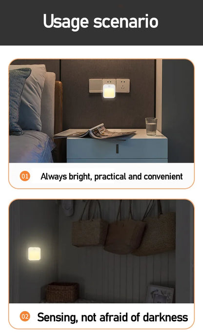 Plug-in LED Night Light with Motion Sensor – Adjustable Brightness Wall Lamp for Bedroom, Hallway & Bathroom