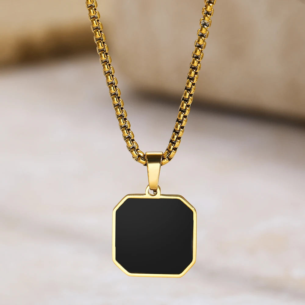 Stainless Steel Black Square Pendant Necklace