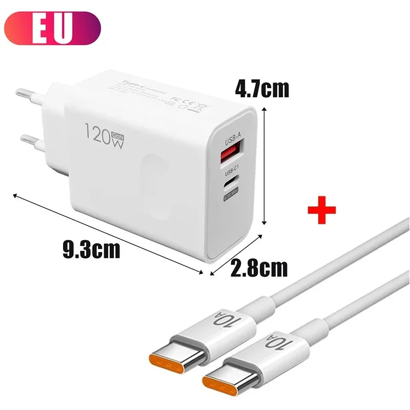 120W USB-C Fast Charger with PD Cable – Quick Charge Wall Adapter for iPhone, Samsung, Xiaomi, OnePlus & Huawei