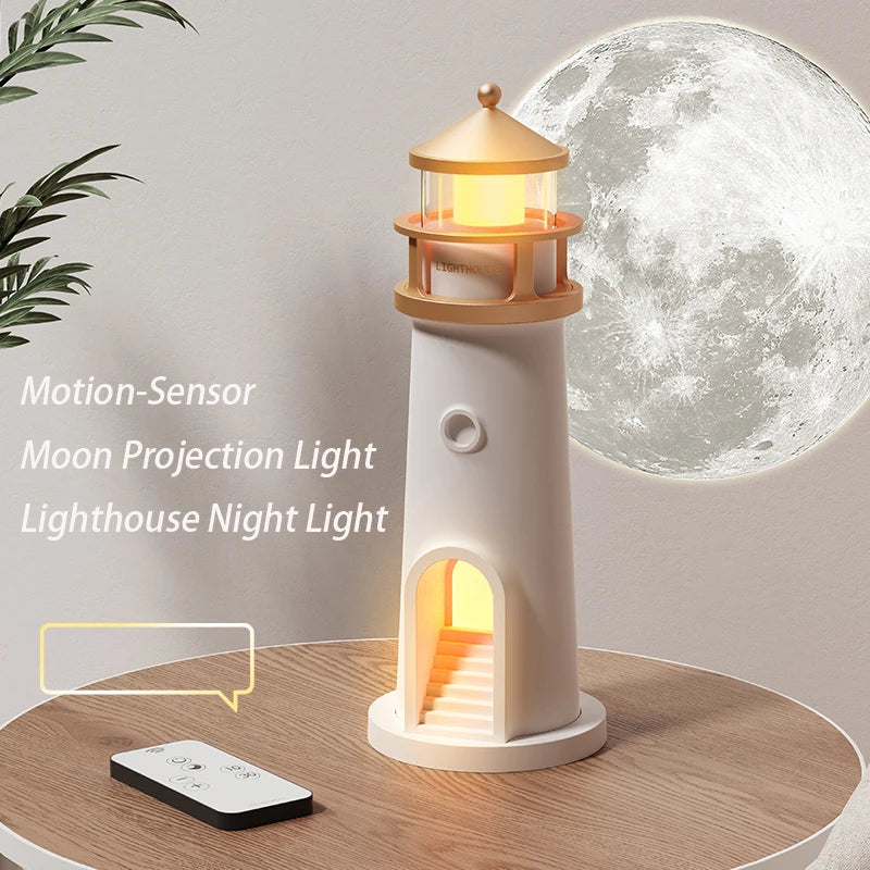 Motion Sensor Moon Projection Lighthouse Night Light – Rechargeable Bedside Lamp for Bedroom & Kids Room
