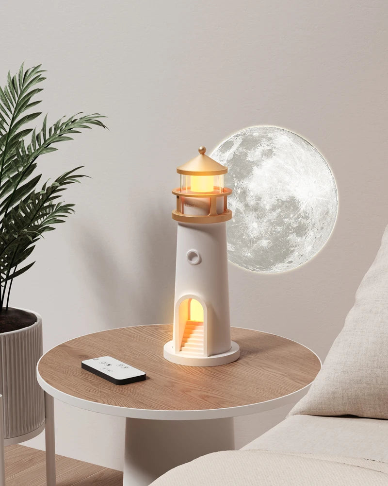Motion Sensor Moon Projection Lighthouse Night Light – Rechargeable Bedside Lamp for Bedroom & Kids Room