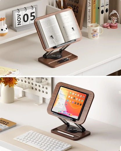 Book Stand for Reading, 360° Rotating Base with Pen Slot, Foldable Holder with Elastic Page Clips for Cookbook, Textbook, Tablet