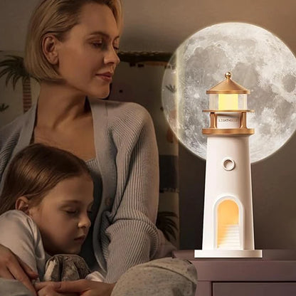 Motion Sensor Moon Projection Lighthouse Night Light – Rechargeable Bedside Lamp for Bedroom & Kids Room