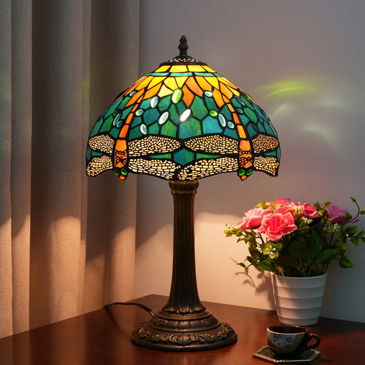 Green Yellow Dragonfly Stained Glass Table Lamp – 12 Inch Vintage Bedside Reading Lamp for Bedroom & Living Room