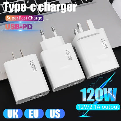 120W USB-C Fast Charger with PD Cable – Quick Charge Wall Adapter for iPhone, Samsung, Xiaomi, OnePlus & Huawei