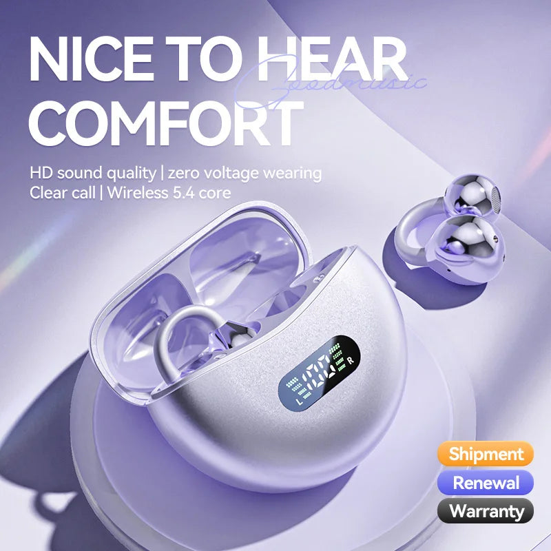 Open Ear Clip Wireless Earbuds – Bluetooth 5.4 ENC Noise Cancelling Headphones with Mic for iOS & Android