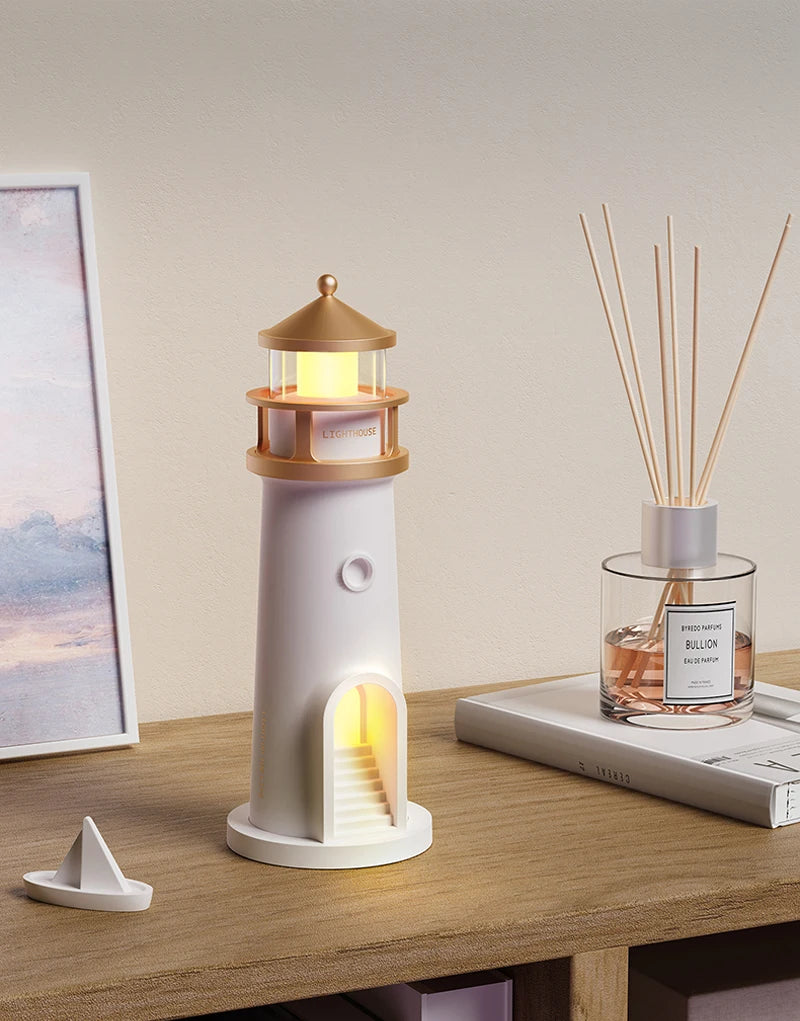 Motion Sensor Moon Projection Lighthouse Night Light – Rechargeable Bedside Lamp for Bedroom & Kids Room