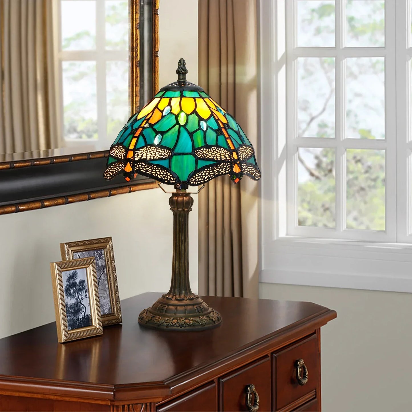 Vintage Stained Glass Table Lamp – 8 Inch French Rose Bedside Reading Lamp for Bedroom, Living Room & Office