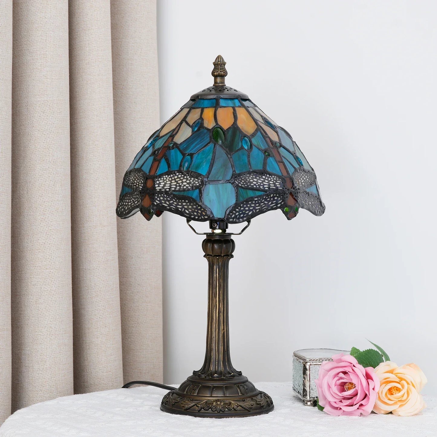Vintage Stained Glass Table Lamp – 8 Inch French Rose Bedside Reading Lamp for Bedroom, Living Room & Office
