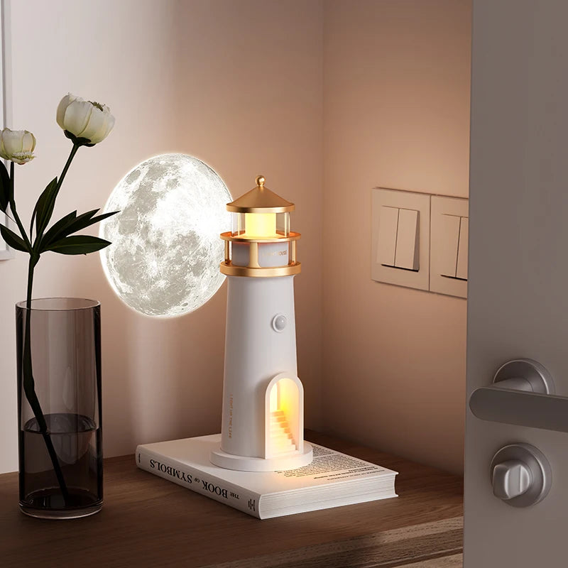 Motion Sensor Moon Projection Lighthouse Night Light – Rechargeable Bedside Lamp for Bedroom & Kids Room
