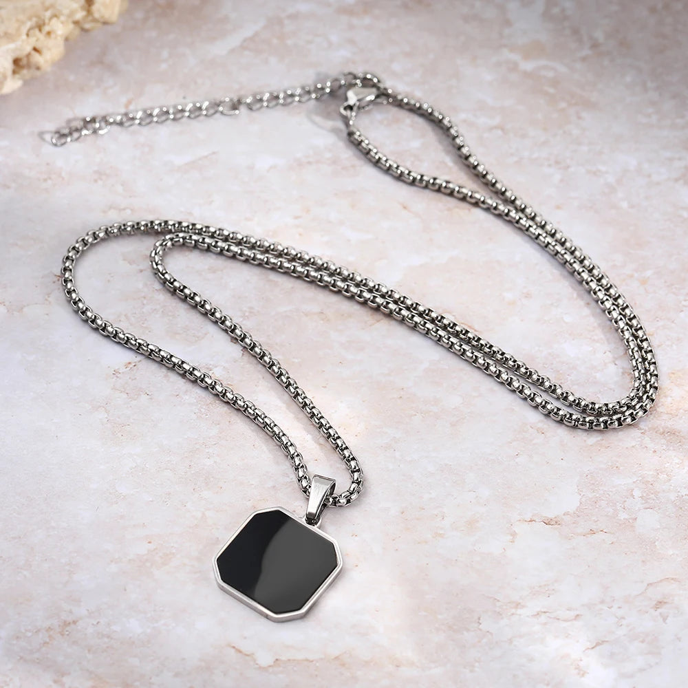 Stainless Steel Black Square Pendant Necklace