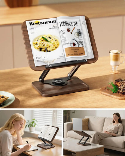 Book Stand for Reading, 360° Rotating Base with Pen Slot, Foldable Holder with Elastic Page Clips for Cookbook, Textbook, Tablet