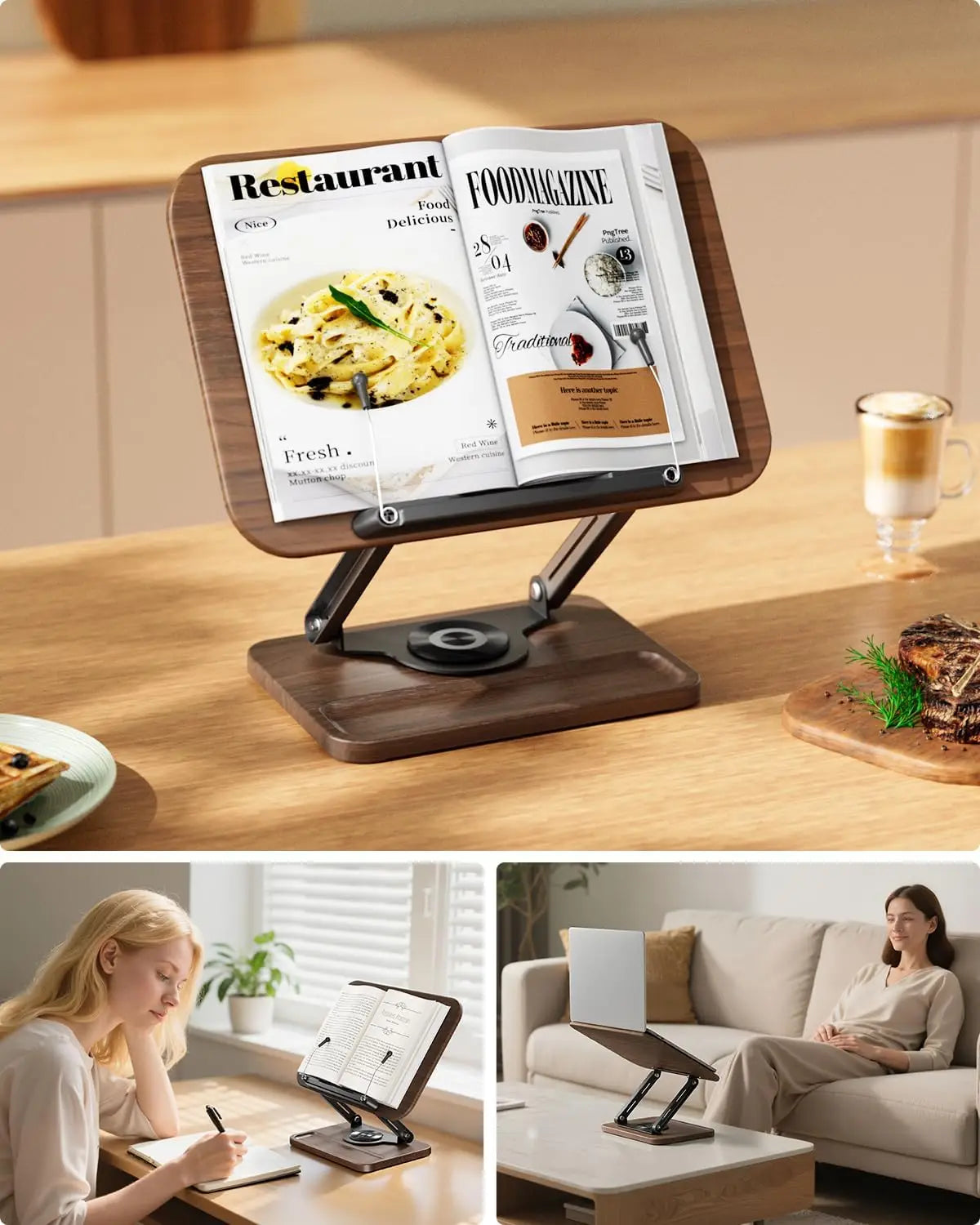 Book Stand for Reading, 360° Rotating Base with Pen Slot, Foldable Holder with Elastic Page Clips for Cookbook, Textbook, Tablet