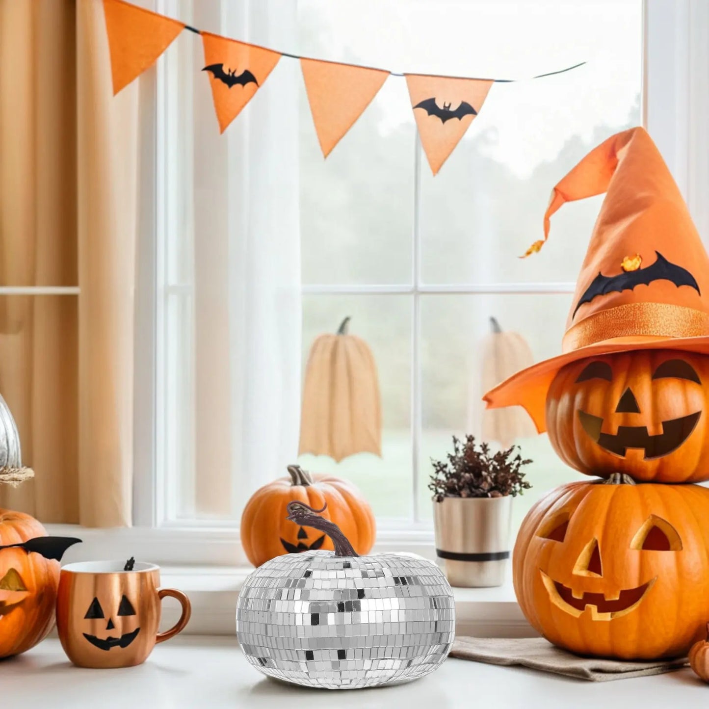 Silver Mirrored Pumpkin Disco Ball Halloween Decor