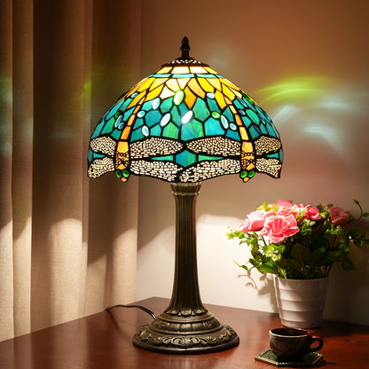 Green Yellow Dragonfly Stained Glass Table Lamp – 12 Inch Vintage Bedside Reading Lamp for Bedroom & Living Room