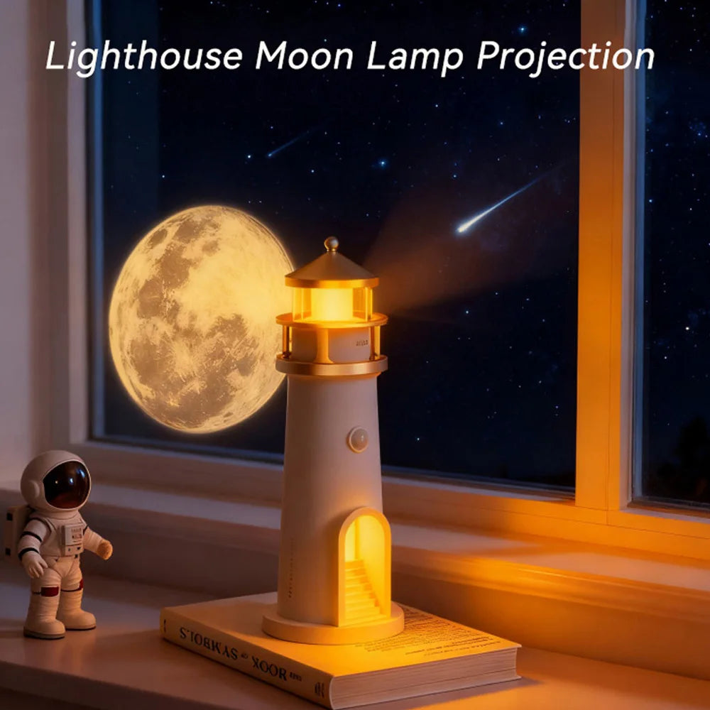 Motion Sensor Moon Projection Lighthouse Night Light – Rechargeable Bedside Lamp for Bedroom & Kids Room
