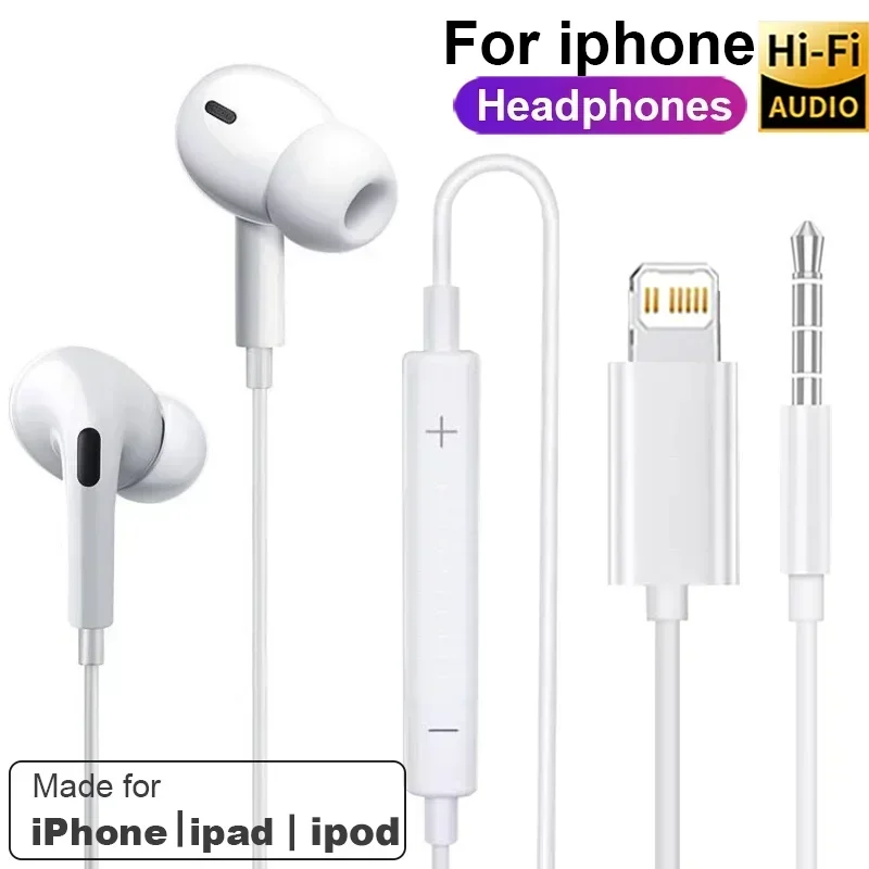 Lightning Wired Earphones with Microphone – In-Ear Stereo Headphones Compatible with iPhone, iPad & iPod