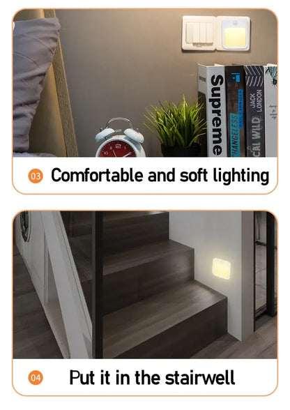 Plug-in LED Night Light with Motion Sensor – Adjustable Brightness Wall Lamp for Bedroom, Hallway & Bathroom