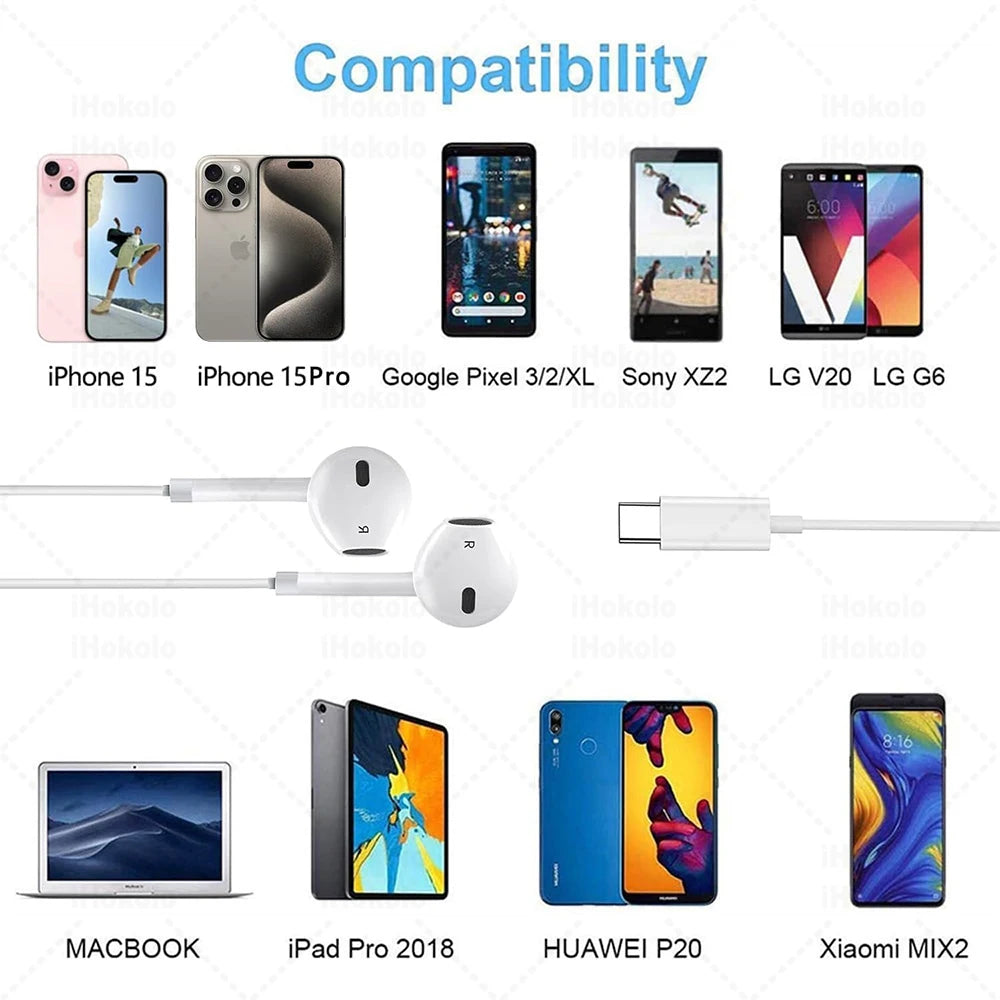 Original Wired Earphones For Apple iPhone 17 Pro Max16 15 14 13 12 11 Mini USB C Headphones Type C With Microphone Stereo Earbud