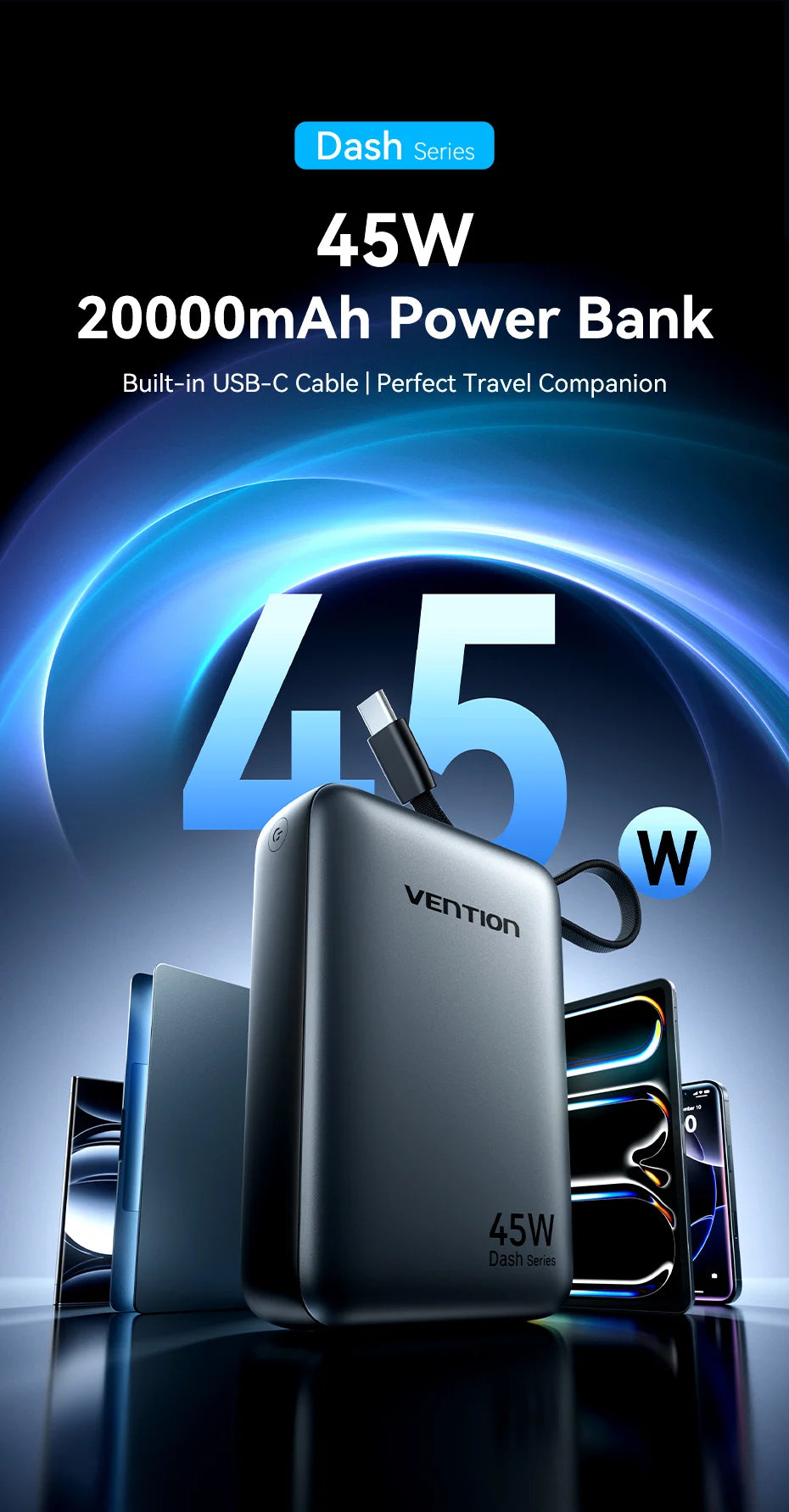 Vention 45W Power Bank – 20000mAh Portable Fast Charger with USB-C Cable for iPhone, Samsung & Xiaomi