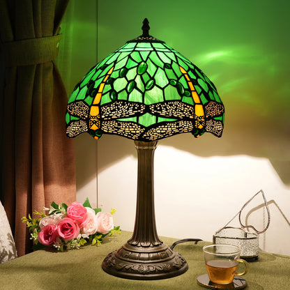 Green Yellow Dragonfly Stained Glass Table Lamp – 12 Inch Vintage Bedside Reading Lamp for Bedroom & Living Room