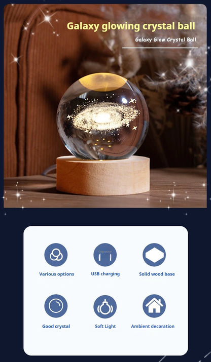 6cm 3D Crystal Ball Decoration 2026 Astronomy Solar System Planets Moon Astronaut LED Balls Home Snow Glass Globe Decorations
