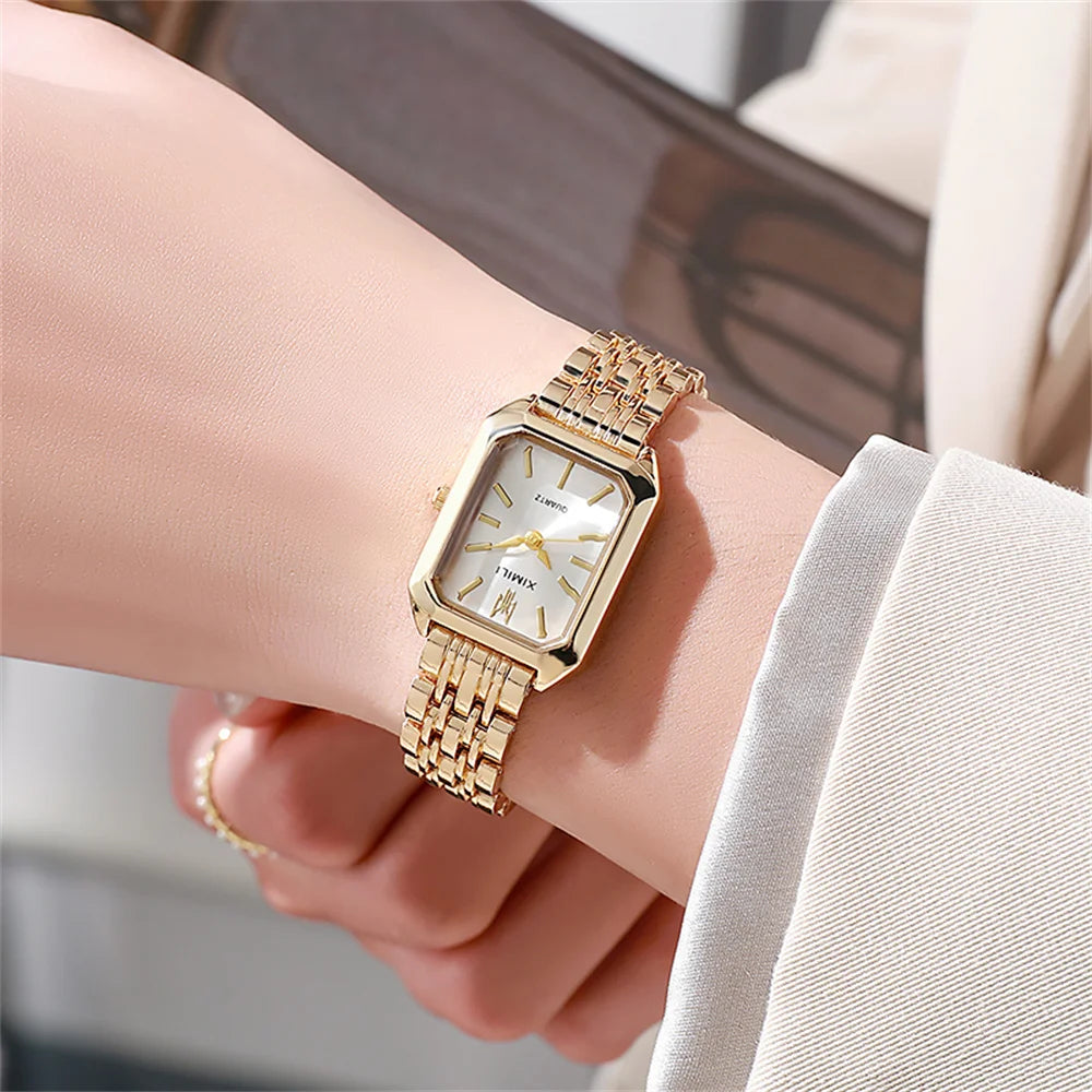 Luxury Women’s Quartz Watch – Gold Square Stainless Steel Fashion Watch with Free Shipping