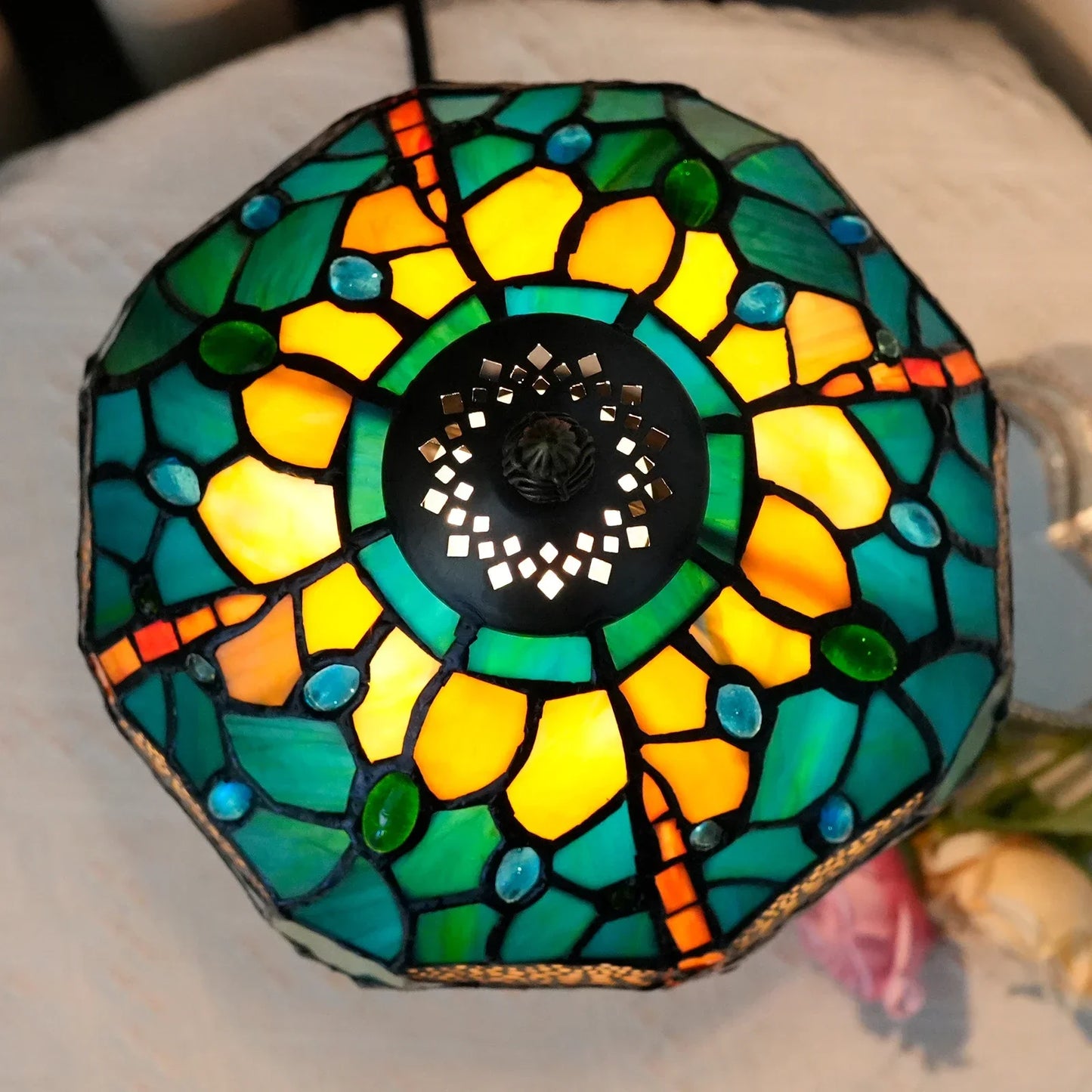 Vintage Stained Glass Table Lamp – 8 Inch French Rose Bedside Reading Lamp for Bedroom, Living Room & Office