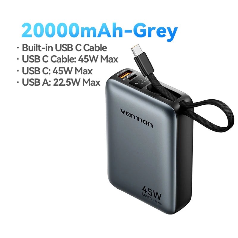 Vention 45W Power Bank – 20000mAh Portable Fast Charger with USB-C Cable for iPhone, Samsung & Xiaomi