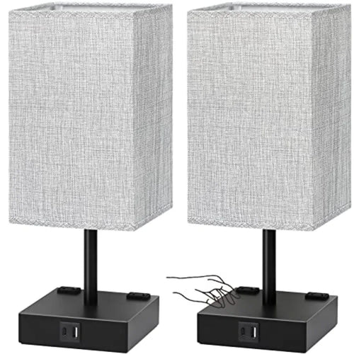 Set of 2 Touch Bedside Table Lamps with USB-C, USB-A & AC Outlets – 3-Way Dimmable Nightstand Lamps for Bedroom