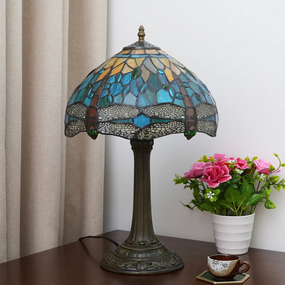 Green Yellow Dragonfly Stained Glass Table Lamp – 12 Inch Vintage Bedside Reading Lamp for Bedroom & Living Room