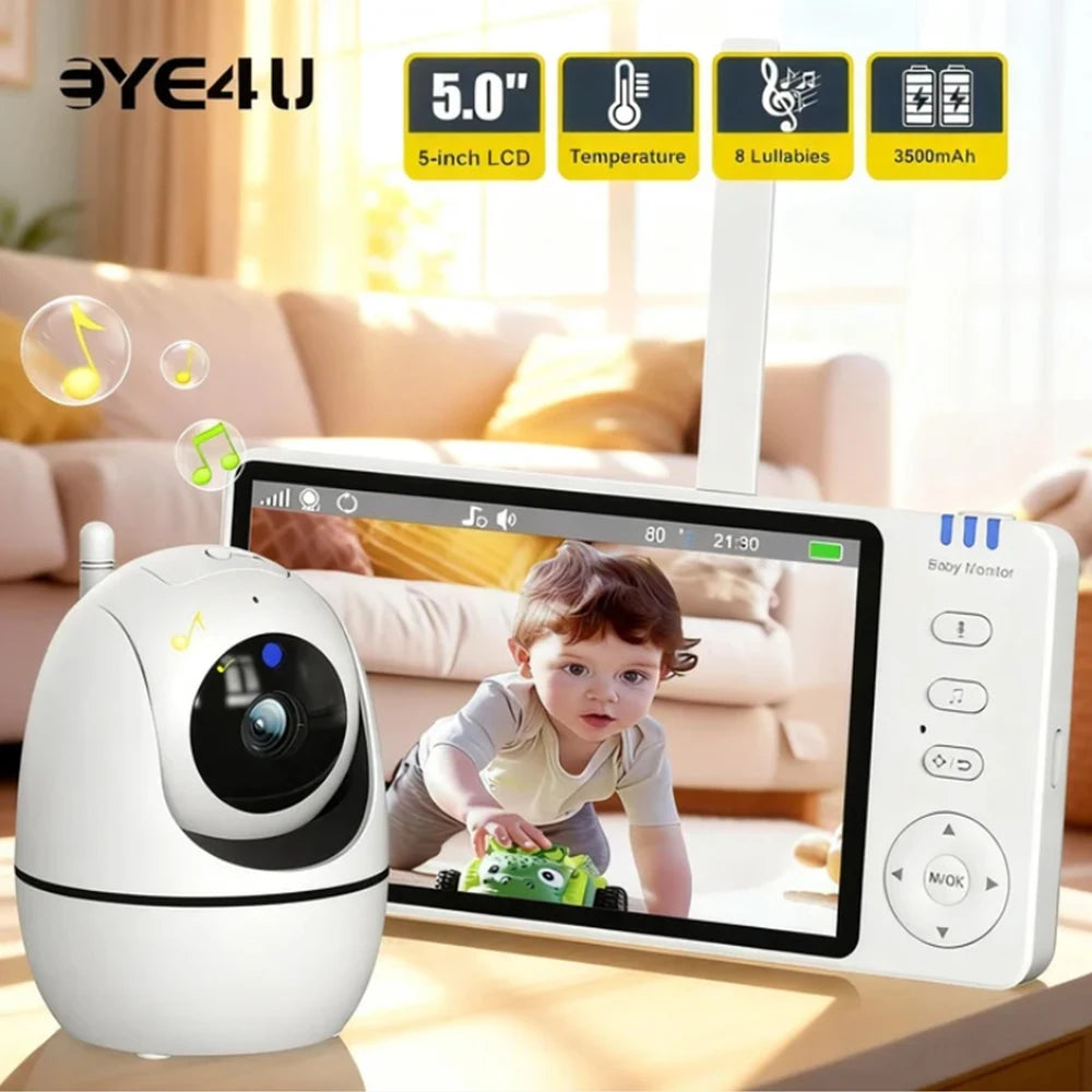 5 Inch Video Baby Monitor with Camera – PTZ Zoom Babyphone with Temperature Sensor, Lullaby & Free Shipping