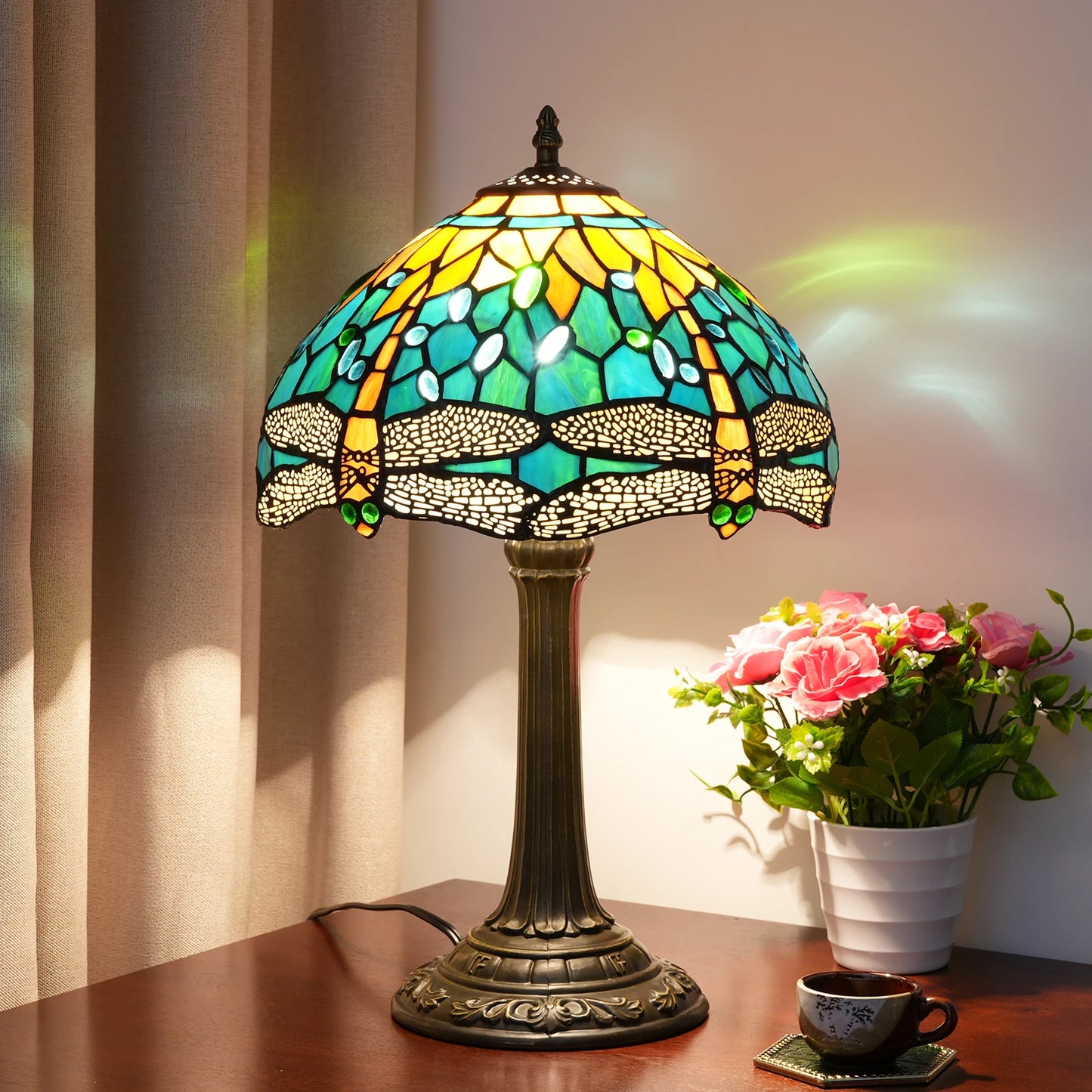 Green Yellow Dragonfly Stained Glass Table Lamp – 12 Inch Vintage Bedside Reading Lamp for Bedroom & Living Room