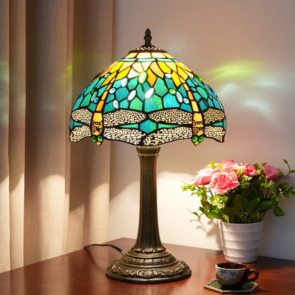 Green Yellow Dragonfly Stained Glass Table Lamp – 12 Inch Vintage Bedside Reading Lamp for Bedroom & Living Room