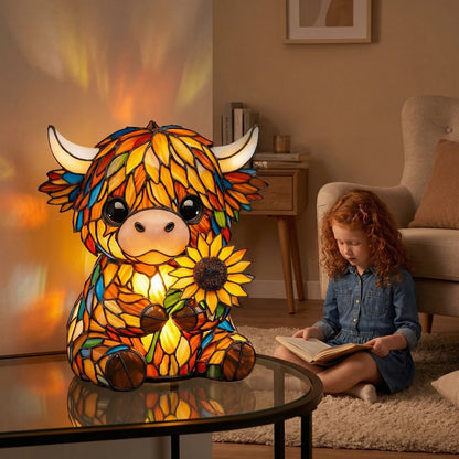 Sunflower Highland Cow LED Table Lamp – Cute USB Night Light for Bedroom, Kids Room & Cozy Home Decor