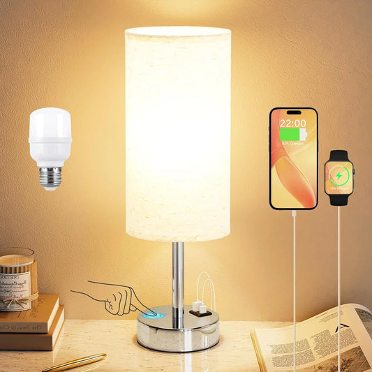 Touch Table Lamp with USB-C & USB-A Charging Ports – 3-Way Dimmable Bedside Lamp for Bedroom, Office & Dorm